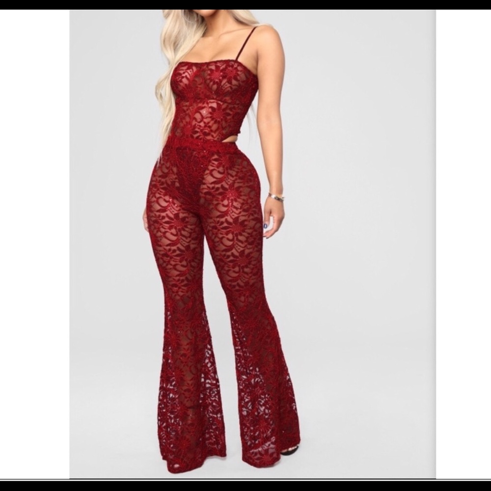🆕 Lace Full Body Pants Set - Red Wine Burgendy